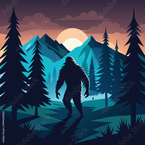 Epic Bigfoot Silhouette Vector Collection Featuring Forest, Mountain, and Mythical Cryptid Scenes in Minimalist Black Style