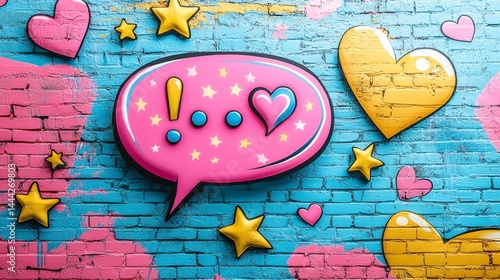 Colorful Speech Bubble Art with Stars and Hearts on Bright Blue and Pink Brick Wall Background