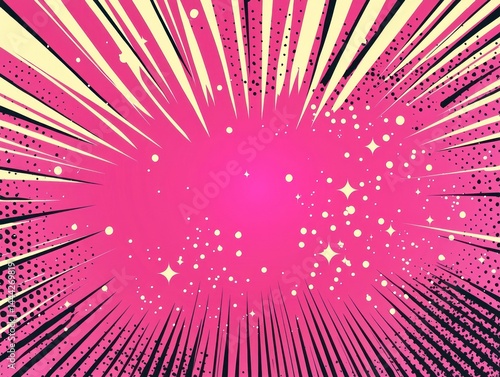 Retro Pink Pop Art Background with Comic Style Rays and Dots for Creative Projects and Graphic Design