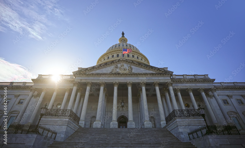 The Capitol. Independence Day in USA. Capitol is freedom and justice in America. The dome of the Capitol in Washington DC. The United States flag on the Capitol building. American history.