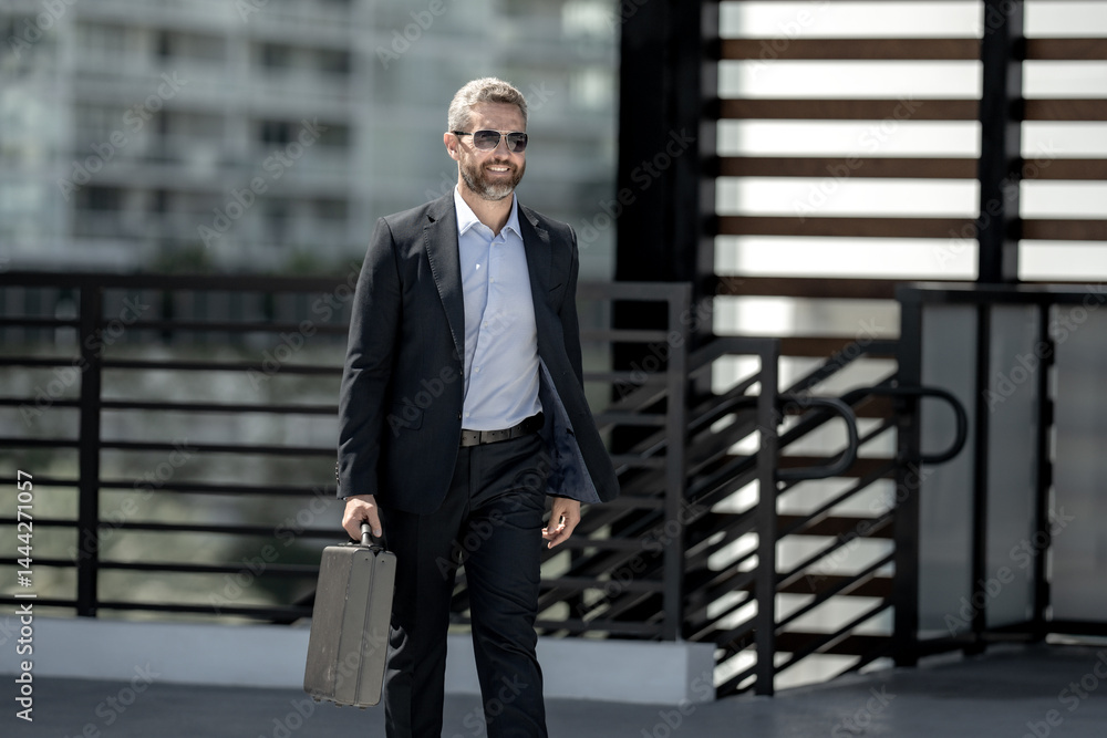 Successful businessman walking outdoors with a briefcase. Businessman on the go. Mature lawyer in a suit. Rich businessman with briefcase. Middle-aged businessman on way to work. Handsome lawyer.