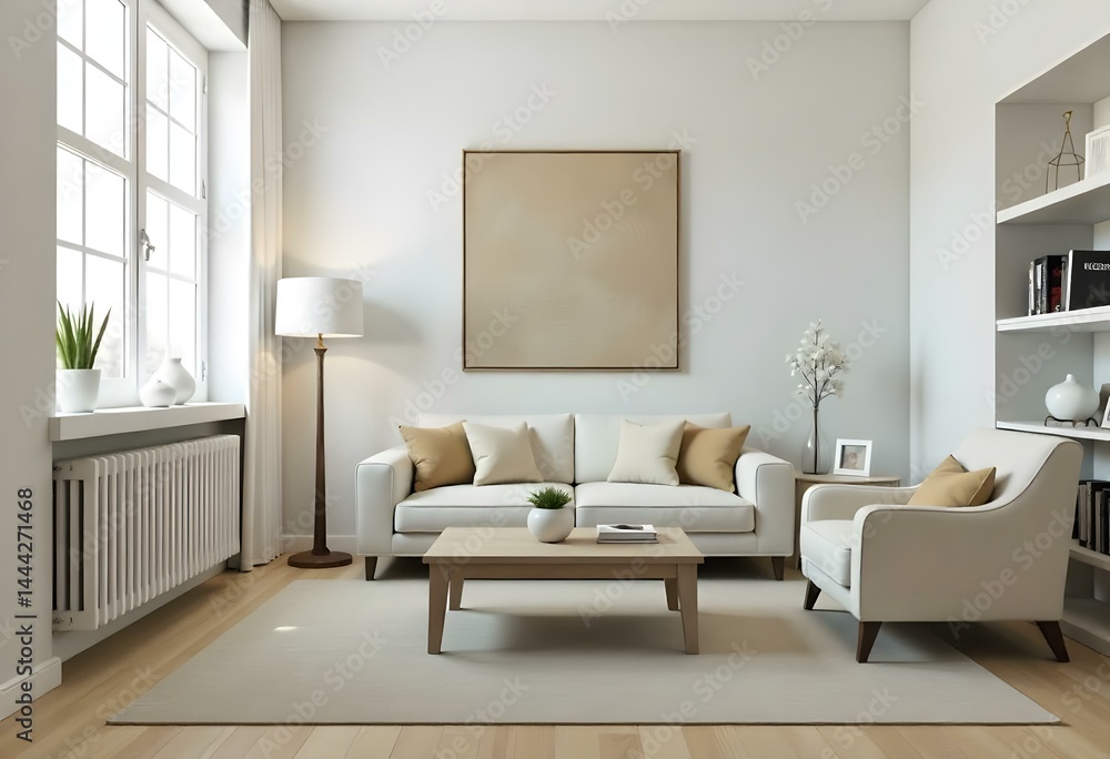 Interior of a living room with a white sofa, a white armchair, a wooden coffee table, a white bookshelf, a beige rug, and a beige painting Interior of a living room with a white sofa, a white armchair, a wooden coffee table, a white bookshelf, a beige rug, and a beige painting