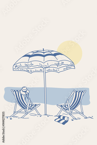Hand drawn vector illustration in pencil sketch style pencil sketch beach scene with umbrella, deck chairs and hat.Line art