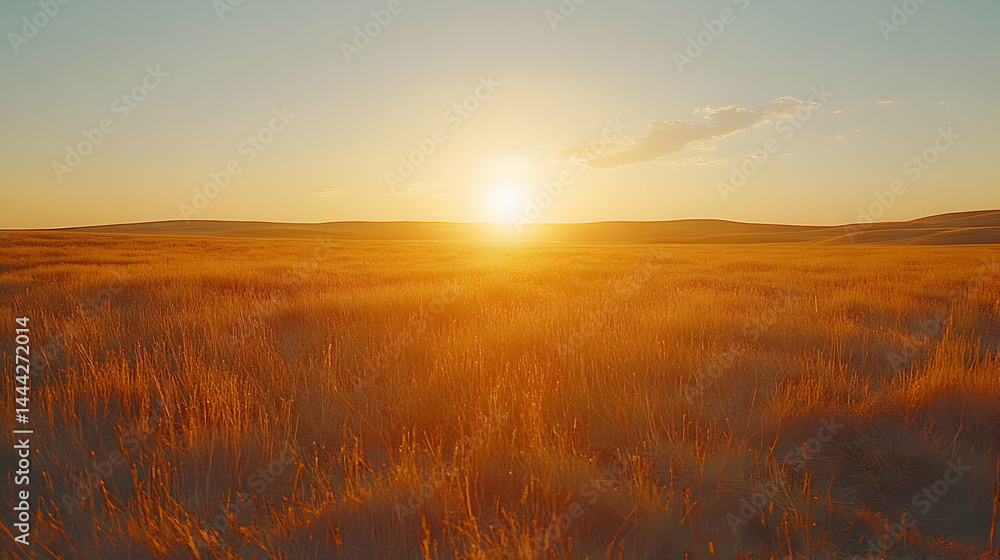 Obraz premium Golden hour sunset over a vast, undulating field of tall grass, bathed in warm, golden light. The sun sets on the horizon creating a stunning landscape.