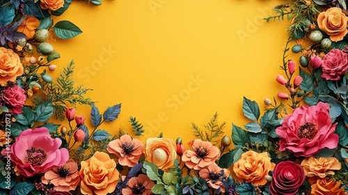 Vibrant Floral Border on Bright Yellow Background for Creative Design and Decoration Purposes