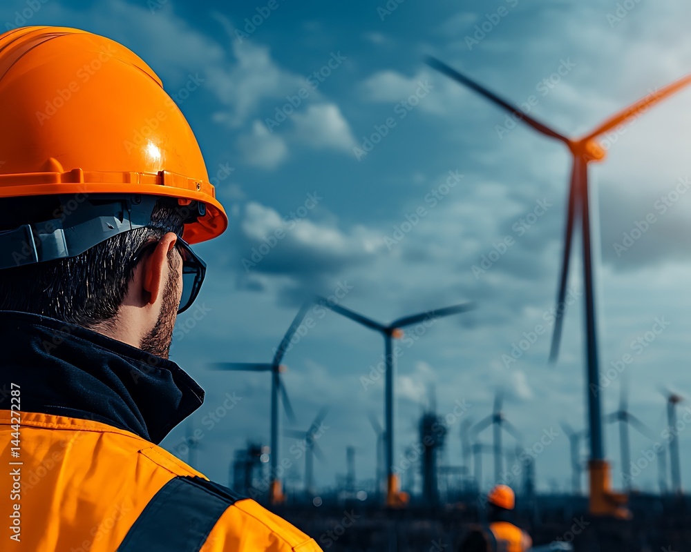 Worker observes wind turbines Worker observes wind turbines
