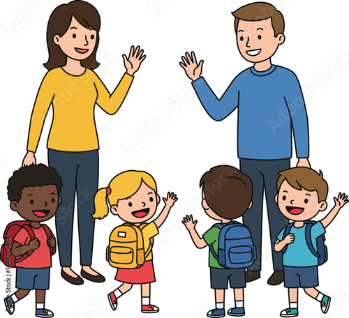 Parents Waving Goodbye to Kids Going to School: Cartoon Illustration