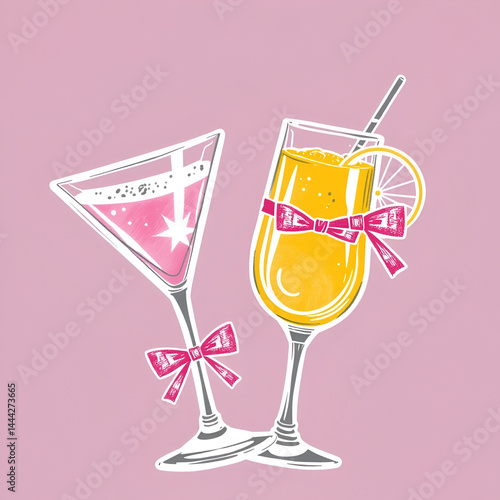 Coquette drinks and cocktails hand drawn. Cute glasses with ribbon and bow for menu in crayon and sketch style. Trendy art for bachelorette party and wedding invitations. Contour vector illustration