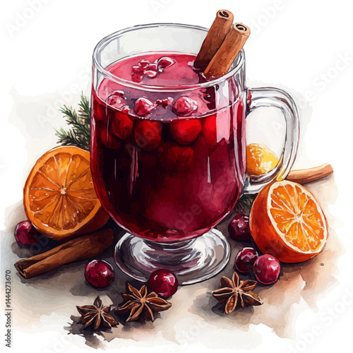 watercolor of Glass Of Mulled Wine With Spices, vector, isolated on a white background.