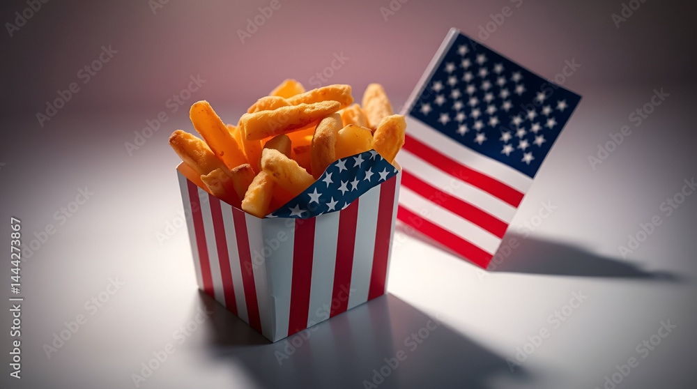Obraz premium American flag themed container filled with crispy French fries draped in patriotic fabric symbolizing national pride and indulgence
