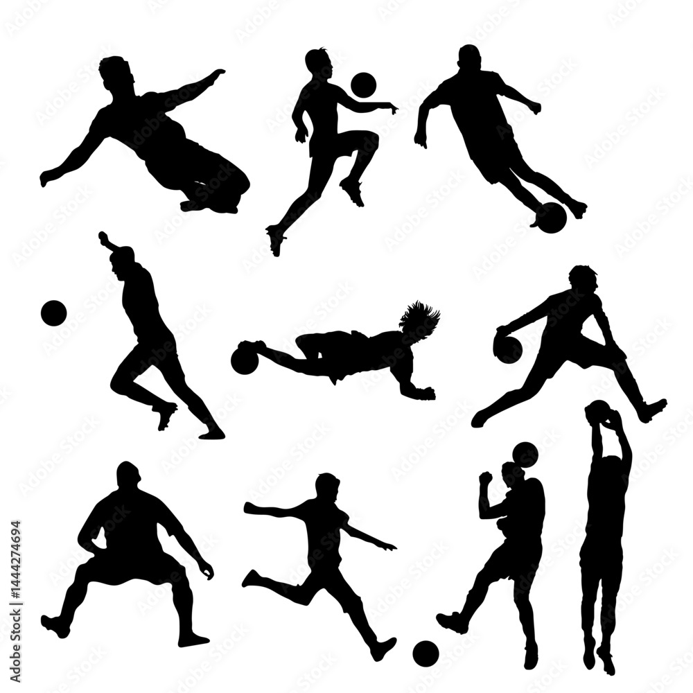 Obraz premium Football player silhouette, Soccer Player Doing Overhead Kick, dribbling football shadow art, Football player vector. Vector illustration