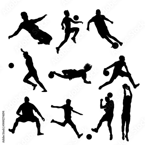 Football player silhouette, Soccer Player Doing Overhead Kick, dribbling football shadow art, Football player vector. Vector illustration