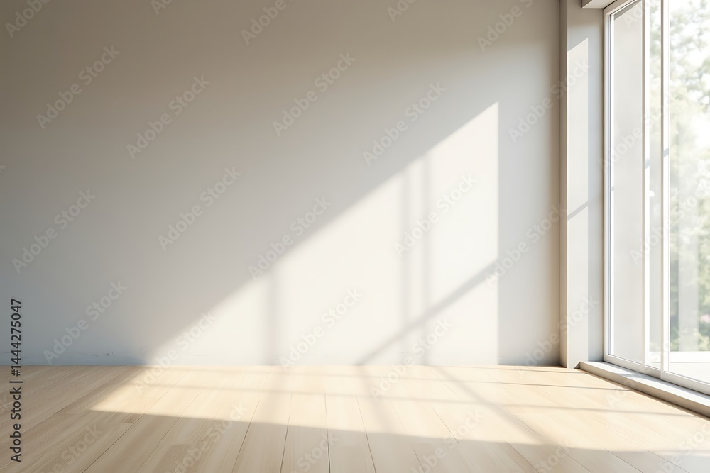Fototapeta premium Bright Minimalist Room with Sunlight Casting Shadows on Wall and Wooden Floor, Emphasizing Clean Aesthetic and Natural Light. 