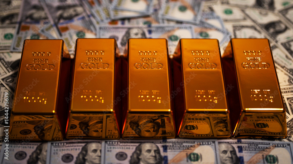 Dollars with gold bar background. Precious metals. Saving finance in gold bar. Dollars vs gold bar. Saving money background. Dollar bills vs gold bars. Banking and savings. Golden metal.
