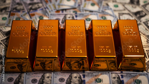 Dollars with gold bar background. Precious metals. Saving finance in gold bar. Dollars vs gold bar. Saving money background. Dollar bills vs gold bars. Banking and savings. Golden metal.