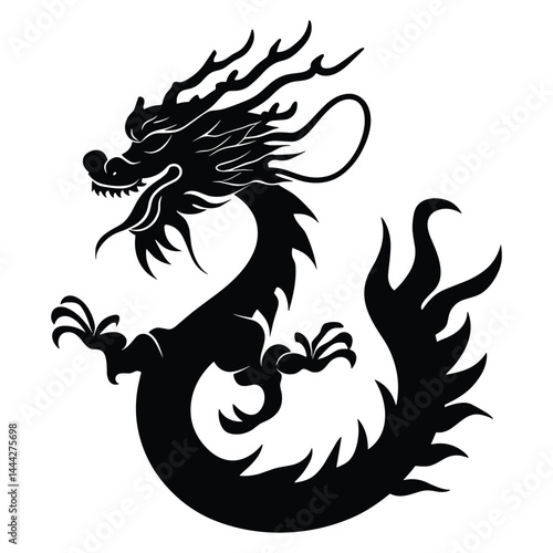 Silhouette of curled Chinese dragon with claws and flame details