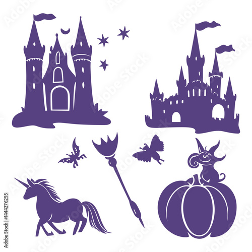 Set of fairytale castle, unicorn, pumpkin carriage, and magic wand icons