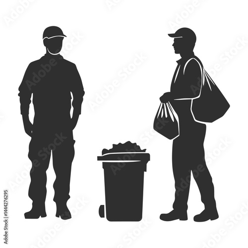 Silhouette of male and female sanitation workers standing with trash bin