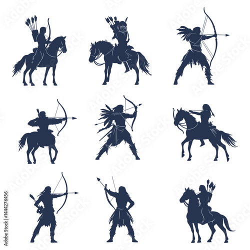 Set of knight silhouettes riding horses with swords and lances
