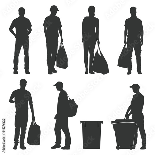 Silhouette of sanitation workers in various cleaning actions