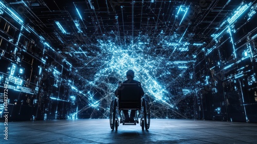 a wheelchair user immersed in a glowing network of digital infor