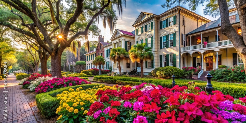 Fototapeta premium Savannah Georgia Historic District Monterey Square Flowers Old Homes Photography