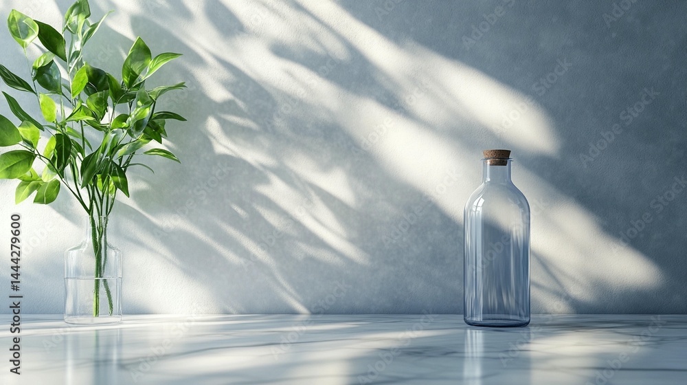 A clear glass bottle sits on a marble surface next to a vase of greenery, bathed in natural sunlight casting shadows on a light gray wall. A clear glass bottle sits on a marble surface next to a vase of greenery, bathed in natural sunlight casting shadows on a light gray wall.