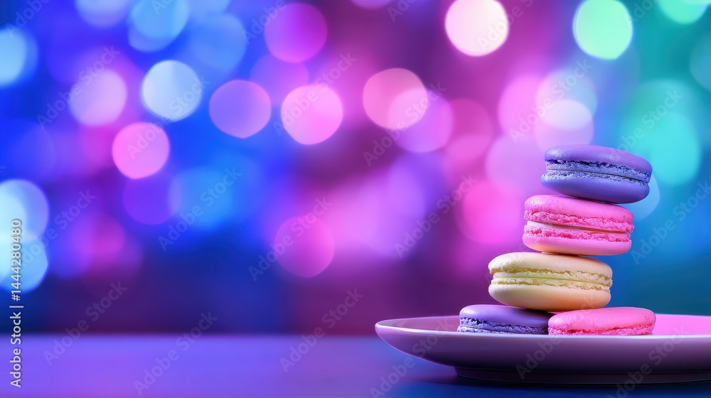 Obraz premium Colorful macarons stacked on a plate, with a blurred vibrant bokeh background, creating a festive atmosphere