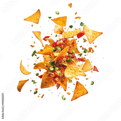 Flying Spicy Nacho Chips with Peppers PNG