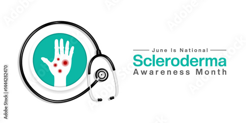 June Is National Scleroderma Awareness Month. Hand and stethoscope. Suitable for posters, banners, social media and more. White background.