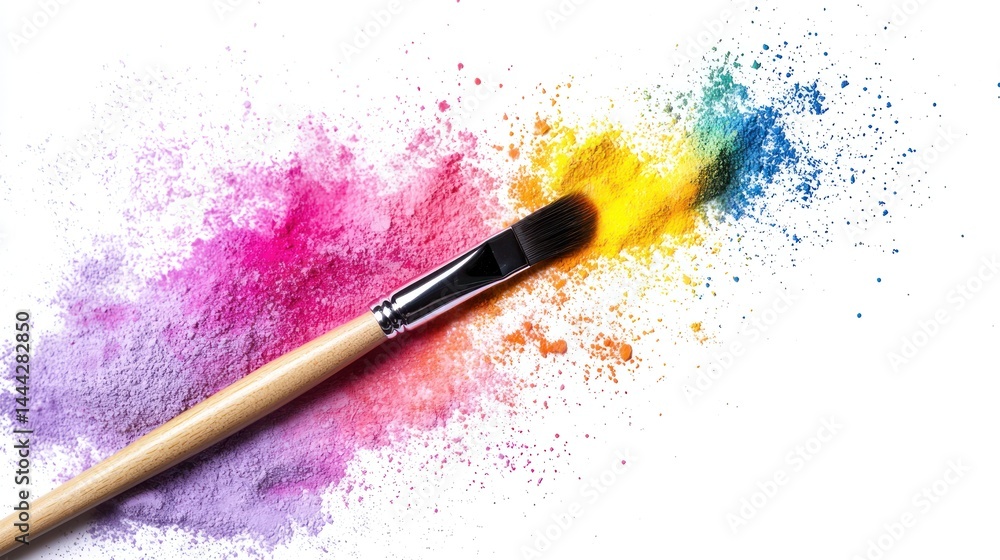 Fototapeta premium A burst of colorful powder with a paintbrush on white background