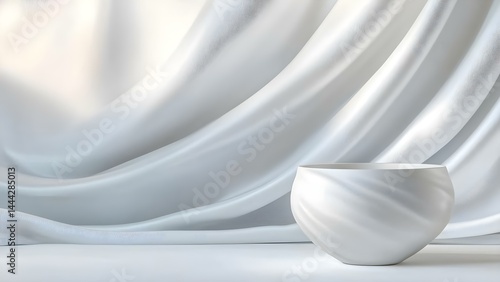 A smooth, white ceramic bowl is placed against a backdrop of flowing white fabric. Concept Ceramic Bowl Photography, White Fabric Backdrop, Minimalist Still Life, Texture Contrast, Elegant Home Decor
