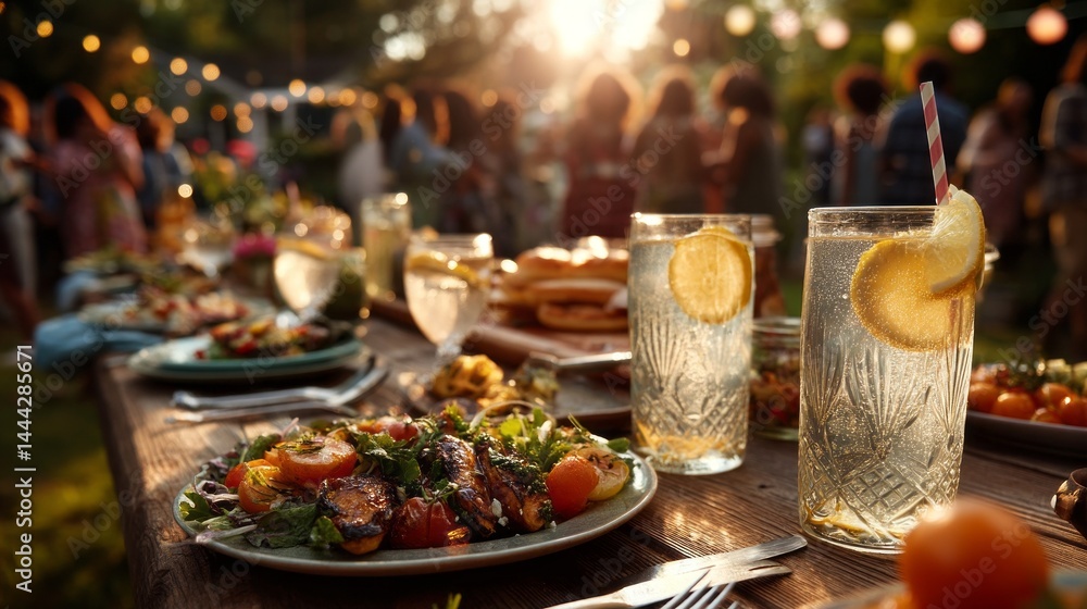 A table with a variety of food and drinks, including a pitcher of lemonade A table with a variety of food and drinks, including a pitcher of lemonade
