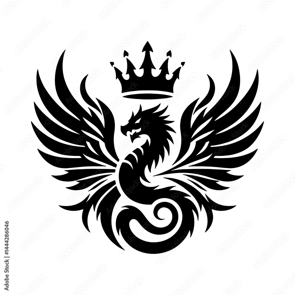 Naklejka premium Royal Winged Dragon with Crown Tattoo Vector Emblem