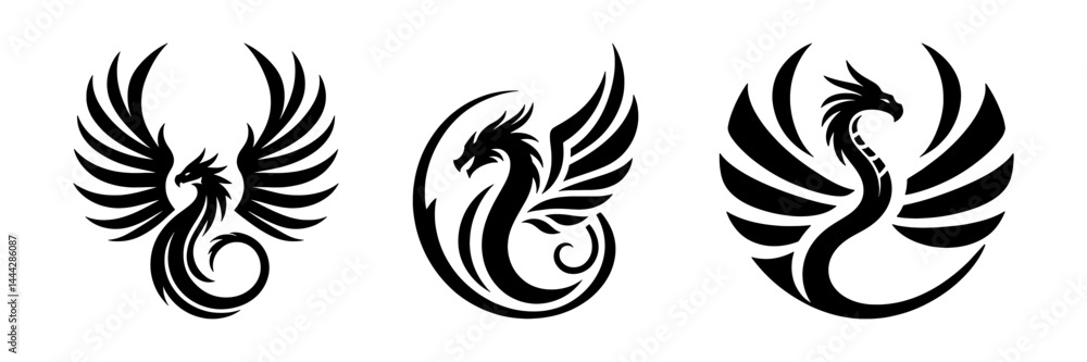 Fototapeta premium Set of Tribal Phoenix and Dragon Tattoo Vector Icons