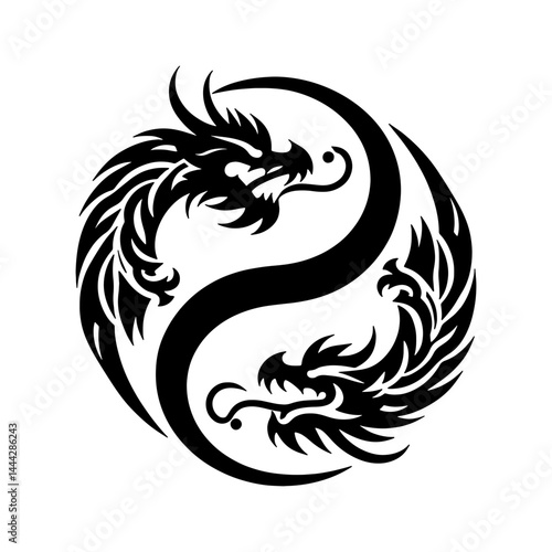 Yin Yang Dragon Phoenix Tribal Symbol Vector Illustration