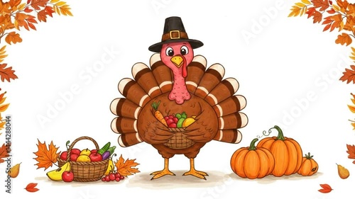 Wallpaper Mural Cartoon Turkey Holding Vegetables with Autumn Leaves and Pumpkins Torontodigital.ca