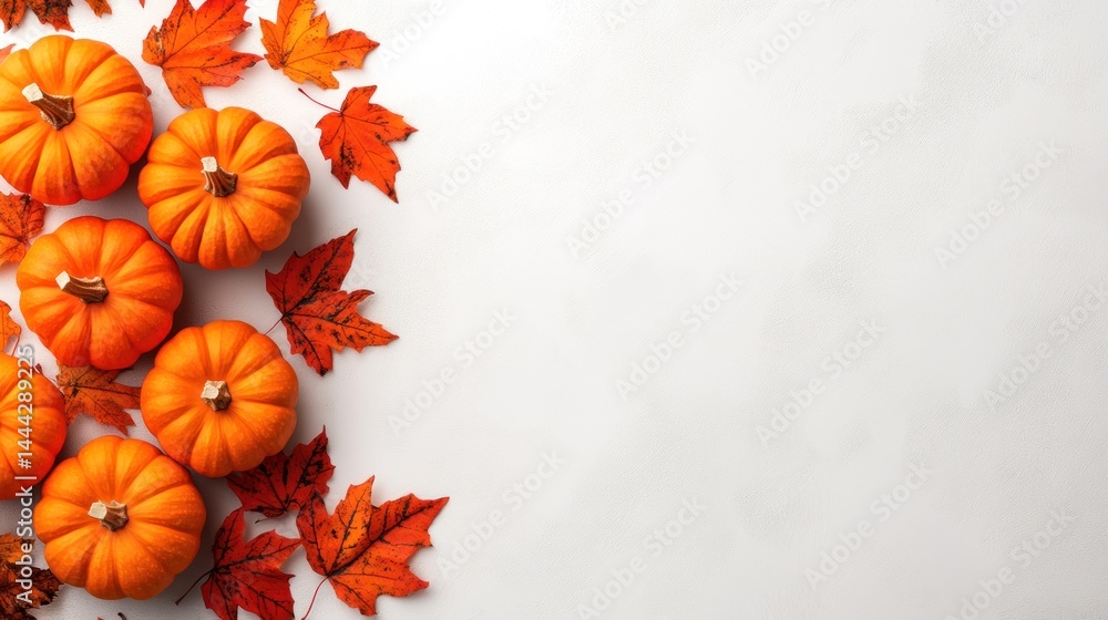 Fototapeta premium a cozy autumnal arrangement featuring vibrant pumpkins and fallen maple leaves on a smooth white surface evoking a sense of harvest season abundance and festive cheer