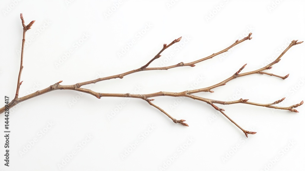 A lightly twisted willow branch with a delicate, organic shape, white background A lightly twisted willow branch with a delicate, organic shape, white background