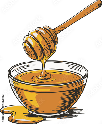Honey Dipper and Bowl with Dripping Honey Illustration