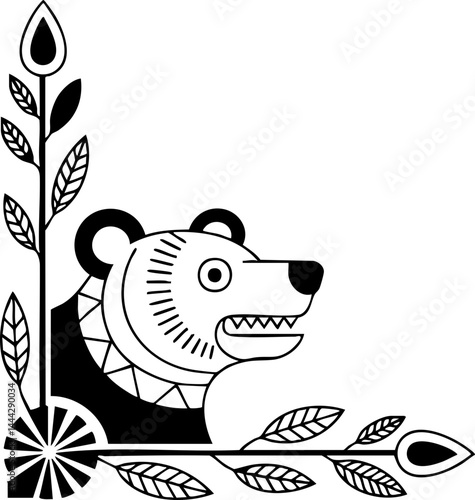 Vector Illustration of a Bear and Floral Corner Design