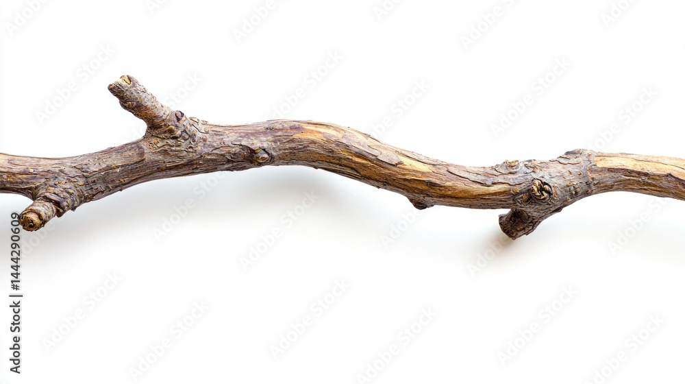 A naturally curved dry willow twig with organic lines, detailed macro shot, white background A naturally curved dry willow twig with organic lines, detailed macro shot, white background
