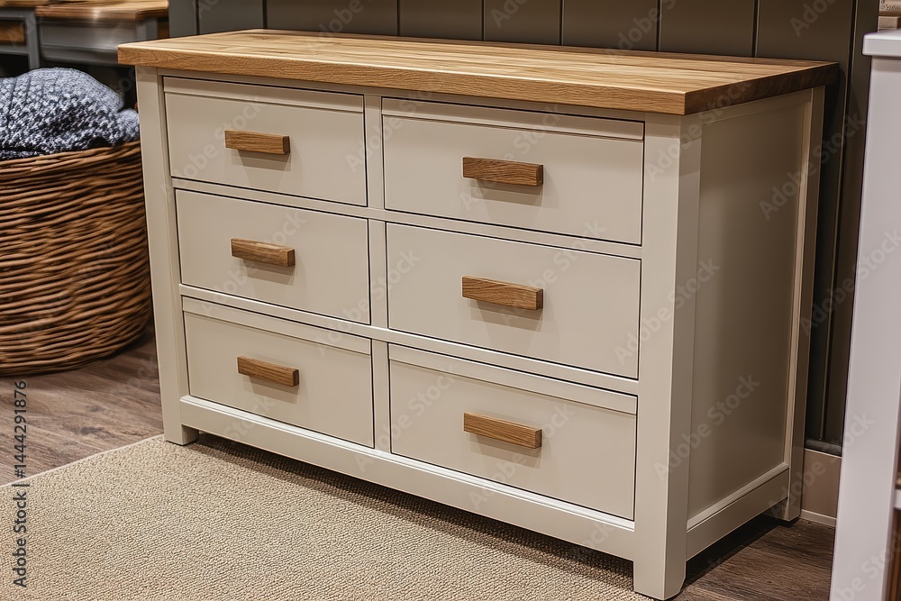 Light gray chest of drawers with wooden top and white frame, seven pull-out drawers in minimalist interior room with beige carpet Light gray chest of drawers with wooden top and white frame, seven pull-out drawers in minimalist interior room with beige carpet