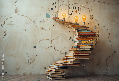 A spiral staircase made of books, charts, and lightbulbs — symbolizing learning and growth in business, warm colors, motivational vibe.