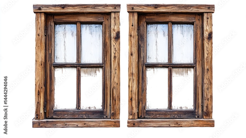 A set of two wooden windows with beveled edges and a rustic distressed finish on white background. A set of two wooden windows with beveled edges and a rustic distressed finish on white background.
