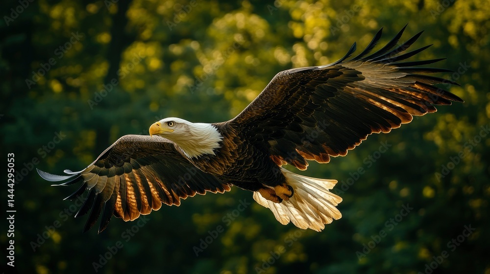 Fototapeta premium Majestic Bald Eagle in Flight, Soaring Through a Lush Forest