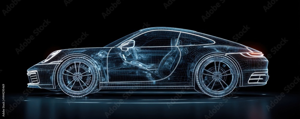 Futuristic Car Wireframe with Hi-Tech UI in Dark Setting Futuristic Car Wireframe with Hi-Tech UI in Dark Setting