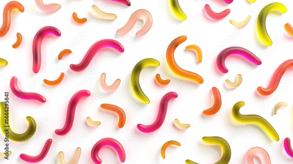 Obraz premium Colorful gummy worm candies standing out on a pure white background, a perfect visual for candy and snack concepts. The gummy worm candies, with their soft and wiggly shapes, are very eye - catching 