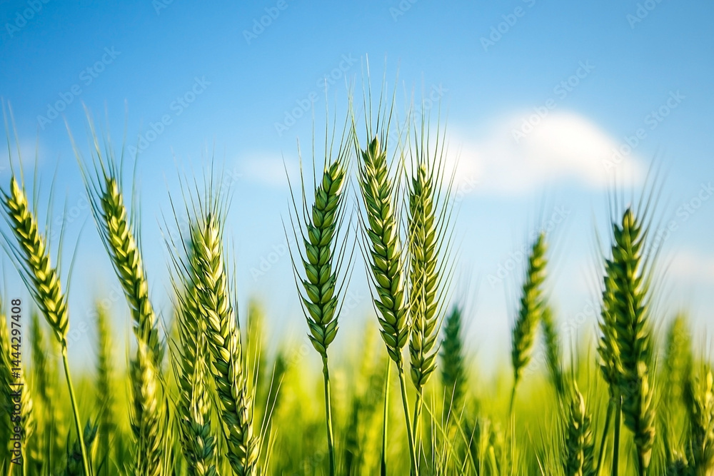 Green Wheat Field Under a Bright Blue Sky evoking Tranquility and Growth Green Wheat Field Under a Bright Blue Sky evoking Tranquility and Growth