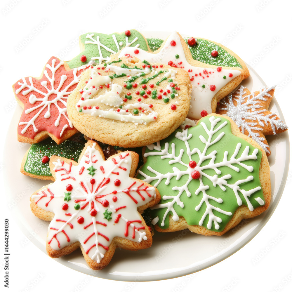 Assorted Christmas Cookies on a White Plate with Festive Decorations Featu Gingerbread Snowflakes and Snowmen decorated with Icing and Sprinkles Assorted Christmas Cookies on a White Plate with Festive Decorations Featu Gingerbread Snowflakes and Snowmen decorated with Icing and Sprinkles